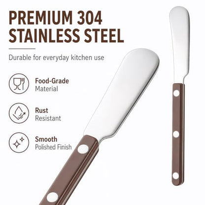 4PCS Stainless Steel Butter Knives Set: 6.3 Inch Cheese Spreader 304 Stainless Steel with Ergonomic Handle for Cheese, Butter & Jam (brown) - color: brown