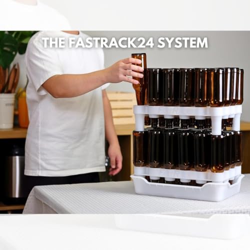 FastRack Complete Bottle Prep Kit | (2) Stackable Beer Bottle Drying Racks, (1) Drip Tray & (144) Black Crown Caps | Storage Tree Alternative for Homebrewing & Wine Making