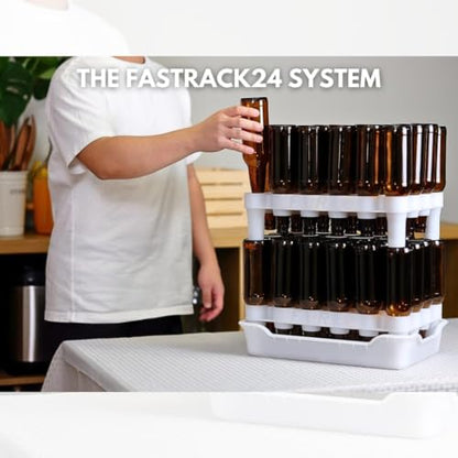 FastRack Complete Bottle Prep Kit | (2) Stackable Beer Bottle Drying Racks, (1) Drip Tray & (144) Black Crown Caps | Storage Tree Alternative for Homebrewing & Wine Making