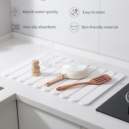24"×16" White Stone Dish Drying Mats for Kitchen Counter, Large Quick Dry Collapsible Eco-Friendly Super Absorbent Diatomaceous Earth Heat-resistant Mat for Dishes Bottles Cups, Match Any Countertop