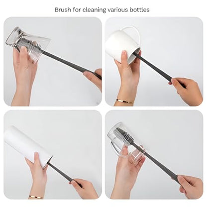 Silicone Bottle Brush & Silicone Straw Cleaner Set – 12.5” Long Handle, Flexible, Odor-Resistant, Dishwasher Safe – for Water Bottles, Baby Bottles, Tumblers & Straws (Grey)