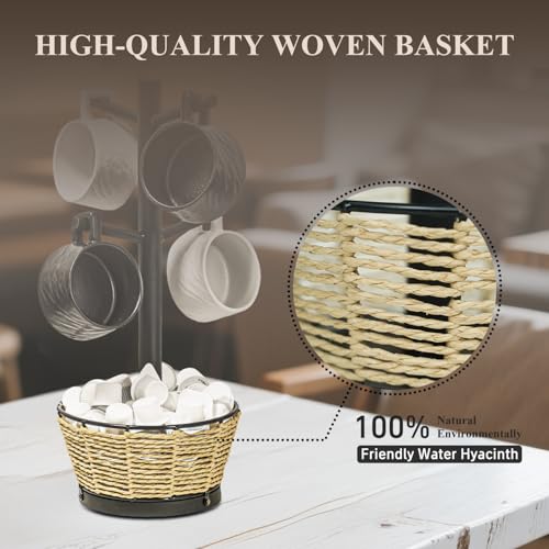 Wood Mug Holder Tree With Woven Basket, 4 Hooks Coffee Mug Holder, Countertop Mug Tree For Kitchen Counter Cabinet Coffee Bar Accessories Cup Display Organizer Hanger(Black) - color: Black