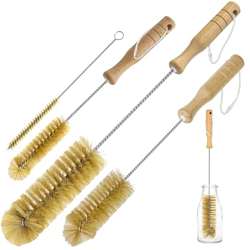 Boar Bristle Bottle Brush Set (4 Pack) - Straw & Water Bottle Cleaner with Long Wooden Handles, Scrubber for Stanley Cups, Tumblers & Jars, 304 Stainless Steel Wire, Kraft Packaging