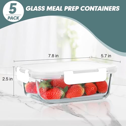 KOMUEE 30 oz 5 Pack Glass Meal Prep Containers, Glass Storage Containers with Lids - Dishwahser, Microwave, Oven and Freezer Safe, White - color: White
