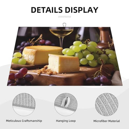White Wine Cheese Cake Grapes Print Dish Drying Mat For Kitchen Counter Ultra Absorbent Microfiber Dishes Drainer Mats Washable Drying Pads For Sinks 18 X 24 In