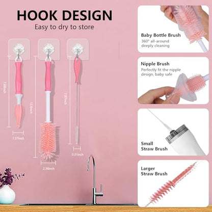 3 in 1 Silicone Bottle Brush Set, Baby Bottle Cleaning Kit with Nipple Brush & Straw Cleaner, BPA-Free Food-Grade Dishwasher Safe Travel Bottle Brush for Baby Bottles, Sippy Cups - color: Pink