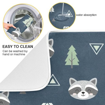 Winter Raccoon Tree Blue Dish Drying Mat for Kitchen Counter Super Absorbent Draining Mat with Non-slip Backed Dish Drying Pad for Countertops Sinks Draining Racks Dish Bottles Cups Bowl