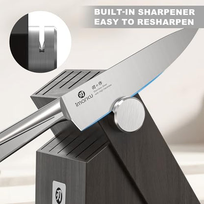 imarku Japanese High Carbon Stainless Steel Knife Set with Block, Precision-Forged Gyutou Kitchen Knives with Built-in Sharpener, Ultra-Sharp 10–15° Edge, Ergonomic Non-Slip Handle, Dishwasher Safe - color: Silver Gray