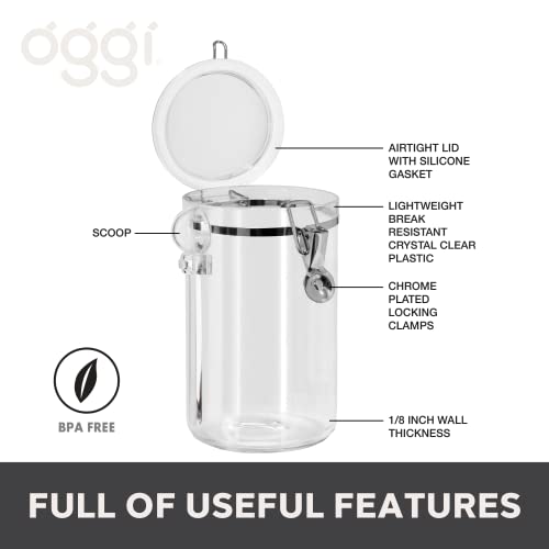 OGGI Clear Canister Airtight 61oz - Clamp Lid & Spoon - Airtight Food Storage Containers, Ideal for Kitchen & Pantry Storage of Bulk, Dry Food Including Flour, Sugar, Coffee, Rice, Tea, Spices & Herbs - size: 61 Fluid Ounces