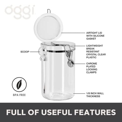 OGGI Clear Canister Airtight 61oz - Clamp Lid & Spoon - Airtight Food Storage Containers, Ideal for Kitchen & Pantry Storage of Bulk, Dry Food Including Flour, Sugar, Coffee, Rice, Tea, Spices & Herbs - size: 61 Fluid Ounces