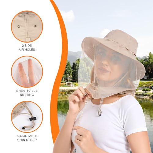 Mosquito Head Net Hat UPF 50+ Sun Protection Bug Hat for Men Women | Sun Visor Style, Perfect for Safari, Hiking, Beekeeping, Camping & Gardening - color: Beige