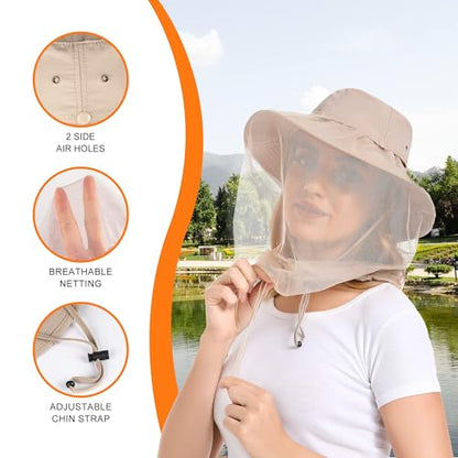 Mosquito Head Net Hat UPF 50+ Sun Protection Bug Hat for Men Women | Sun Visor Style, Perfect for Safari, Hiking, Beekeeping, Camping & Gardening - color: Beige