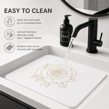 Stone Dish Drying Mat for Kitchen Counter, Glittery Resin Rose Pattern Quick Drying Mat, Water Absorbing Diatomaceous Pad for Plate Bottle Utensil Rack,Space Saving (Gold & White, 16"×12")