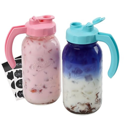Soligt Glass Mason Jar Pitchers with Lids, Wide Mouth Flip Cap Pour Spout Leak-proof Lid with Handle, 64 oz/2 Quart, for Iced Coffee/Sun Tea Juice/Cold Brew/Milk (2 Pack, Taffy Pink + Baby Blue) - color: Taffy Pink and Baby Blue