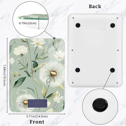 Sage Green Dandelion01 Food Scale Kitchen Digital Scale Food Ounces and Grams Dieting Baking Cooking Waterproof Glass Panels LCD Display,4 Units Tare Function - color: Sage Green Dandelion01