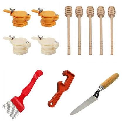 Honey Bucket Honey Extraction Tool Set,8 Tools and A Total of 19 Items，5 Gallon Honey Uncapping Tank Holder，Honey Bucket Frame Holder，Uncapping Fork Knife, Honey Gate, Honey Filter Bag