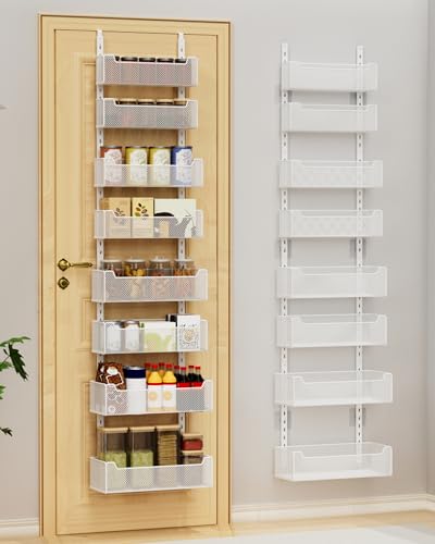 VyGrow Over the Door Organizer, 8-Tier Pantry Organizer with Fully Enclosed Mesh Baskets, Heavy-Duty Metal Hanging Spice Rack for Kitchen Bathroom Laundry Room, 2-in-1 Wall Mount or Door Mount, White - color: White