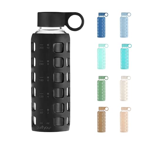 purifyou 40oz / 32oz / 22oz / 12oz Borosilicate Glass Water Bottle with Time & Volume Markers, Silicone Sleeve, Stainless Steel Lid | Reusable Glass Bottle for Water & Juice (12oz Jet Black) - color: Jet Black (1 Count), size: 12 Ounces