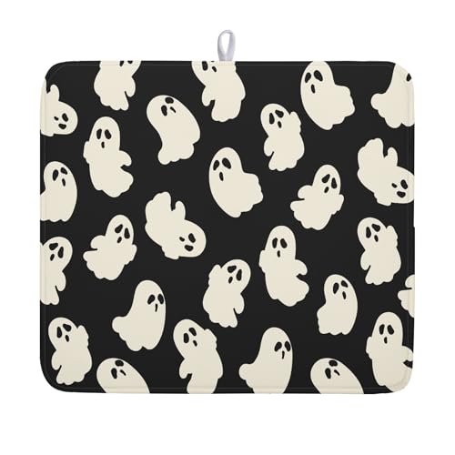 Halloween Ghost Dish Drying Mat 16X18 Inch Spooky Halloween Drying Mat for Kitchen Counter Black White Absorbent Microfiber Reversible Dishes Pad Dish Drainer Mat for Halloween Kitchen Accessories - color: Halloween Ghosts, size: 16" x 18"