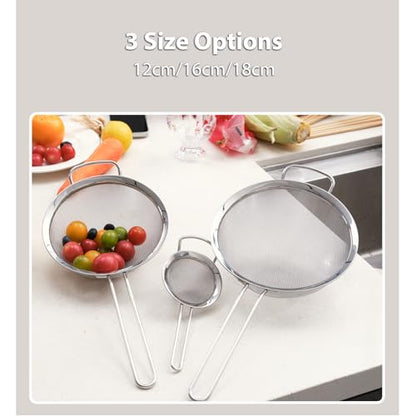 18/8 Stainless Steel Fine Mesh Strainer Skimmer - Heavy-Duty Food-Grade with Heat-Resistant Handle for Frying & Grease Straining, 3 Sets - size: 3-Sets