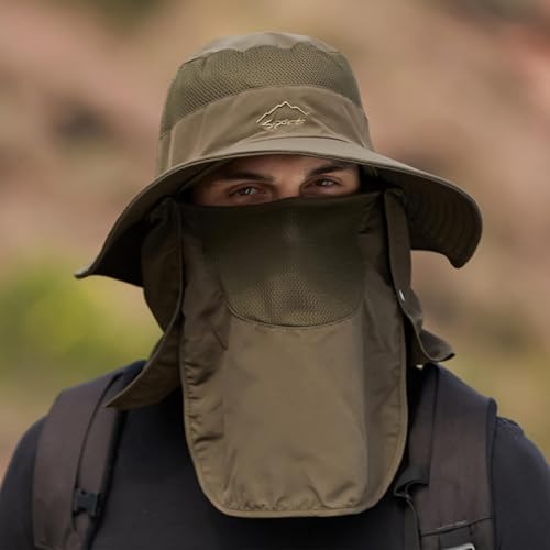 Sun Hats for Men Women Fishing Hat UPF 50+ Breathable Wide Brim Summer UV Protection Hat - color: Army Green(with Face Cover & Neck Flap )