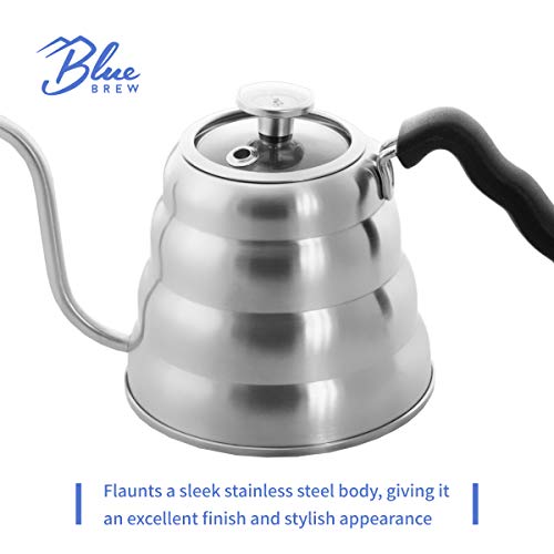Blue Brew Gooseneck Kettle Stovetop, Tea Pot with Thermometer, 40oz Pour Over Coffee Maker for Coffee & Tea, Stainless Steel Coffee Kettle, Compatible with Electric Stove & Gas Stove (BB1201)