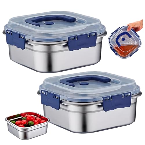 2PCS Stainless Steel Containers with Lids, 1.8L Airtight Marinade Container with Handle & Buckle Oven Safe for Roasting, Brining, Meal Prep, Storing