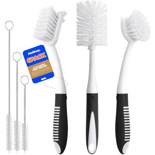 Holikme 6 Pack Dish Brush Set with Bottle Brush, Dish Scrub Brush, Pan Brush and 3 Straw Brushes, Deep Cleaning Handle Brush with Scraper Tip for Kitchen Sink Dishes Bottle Cup Pot and Pans (Black) - color: Black
