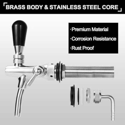 Flow Control Beer Faucet Adjustable Long Shank Keg Tap, Draft Beer Tap Faucet with 5/16'' Barbed Fitting Stainless Steel Core Brass Body Adjustable Beer Keg Tap for Homebrew