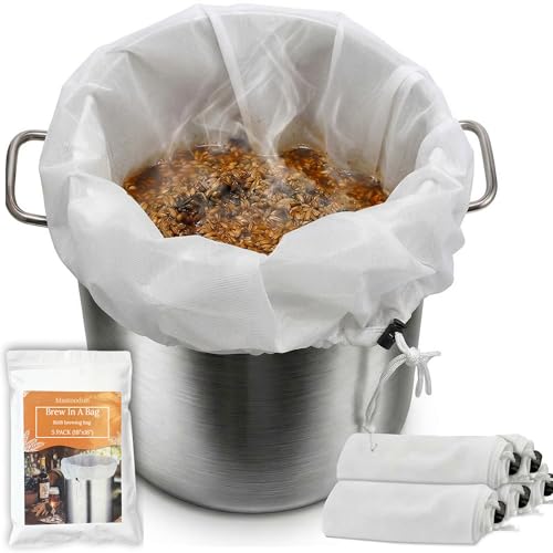 5 Pack BIAB Brewing Bag, 18" x 16", 250 Micron Reusable Fine Mesh Brew in a Bag with Reinforced Stitching & Drawstring, Heavy Duty Nylon Straining Bag for All Grain Home Brewing & Beer Wine Cider - size: 5Pack 18" X 16"