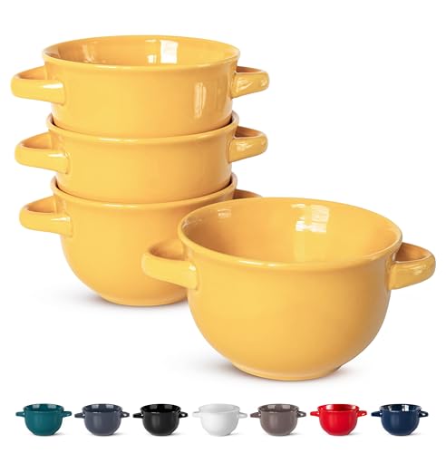 KooK French Onion Soup Bowls, Crocks, Oven Safe Bowls, Soup Mugs, Ceramic Bowls, Dishwasher, Microwave, Set of 4, 18 oz (Yellow) - color: Yellow