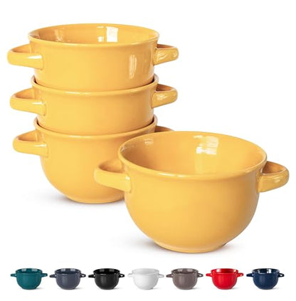 KooK French Onion Soup Bowls, Crocks, Oven Safe Bowls, Soup Mugs, Ceramic Bowls, Dishwasher, Microwave, Set of 4, 18 oz (Yellow) - color: Yellow