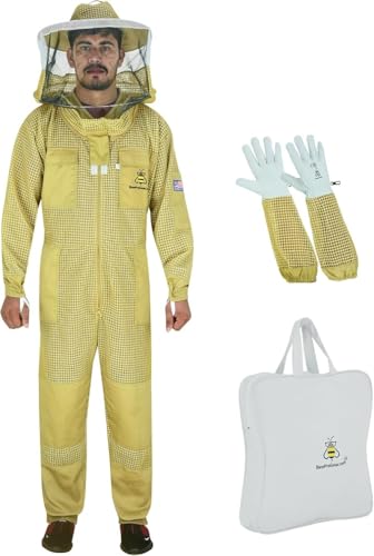 3-Layer Ultra Ventilated Mesh Beekeeping Suit for Men & Women with Veil Sting-Proof Bee Suit with Leather Gloves & Bag - color: Brown 2, size: 3X-Large