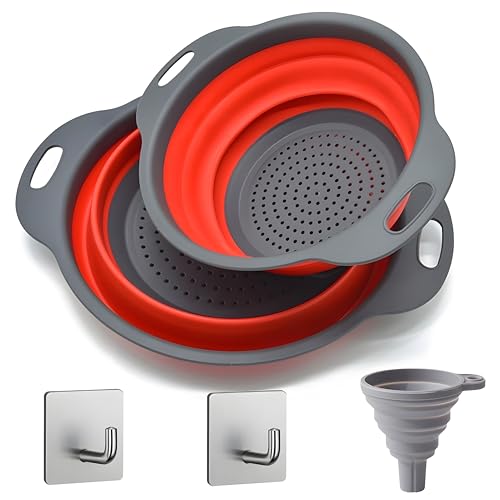 UVB Collapsible Colander Set, Space-Saving Foldable Kitchen Strainer for Pasta, Vegetables & Fruit, Colander for Kitchen with 2 Stainless Steel Hooks & 1 Silicone Funnel – Red - color: Red