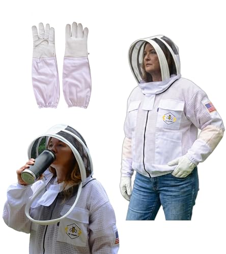 3 Layer Bee Jacket With Fencing Veil and One Pair Bee Protective Gloves Ventilated Protective Beekeeping Jacket - size: Medium