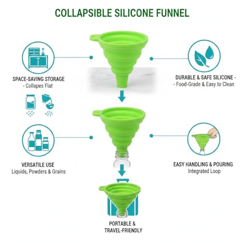 4 Pack Silicone Collapsible Kitchen Funnel for Water Beer Oil Filling Bottles ，Foldable Silicone Funnel Set – Collapsible Small & Large Funnels, Water Bottles & Liquid Transfer – Food Grade（Green） - color: green