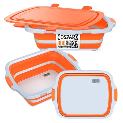 2-Pack XL Collapsible BBQ Prep Tub with Built-In Cutting Board, Lid & Strainer – Marinate, Drain & Prep – Large Food-Safe Container – Perfect for Grilling, Smoking & Outdoor Cooking - color: Orange