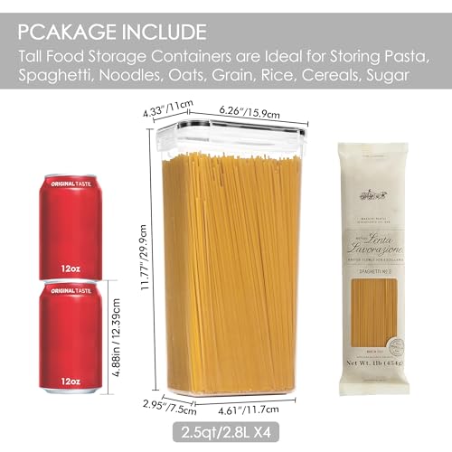 Vtopmart Airtight Food Storage Containers with Lids, 4 PCS 2.8L Pasta Containers for Pantry Organization and Storage, BPA Free Kitchen Canisters for Spaghetti, Flour, Sugar and Noodles, Black