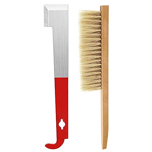 Flexzion 10.5" Stainless Steel J-Hook and 16" Hive Brush with Natural Pig Bristles & Wooden Handle, Hive Frame Lifter Wax Scraper Beekeeping Cleaning Tool Equipment for Beekeepers and Bee Keeper
