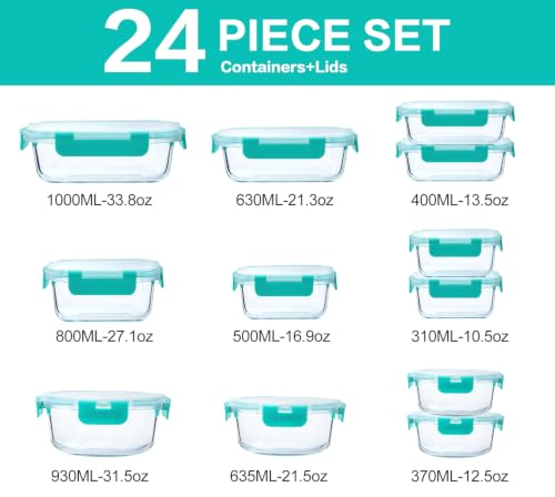 M MCIRCO 24-Piece Glass Food Storage Containers with Locking Lids,Glass Meal Prep Containers Set - Airtight Lunch Containers, Microwave, Oven, Freezer and Dishwasher,Green - color: Green