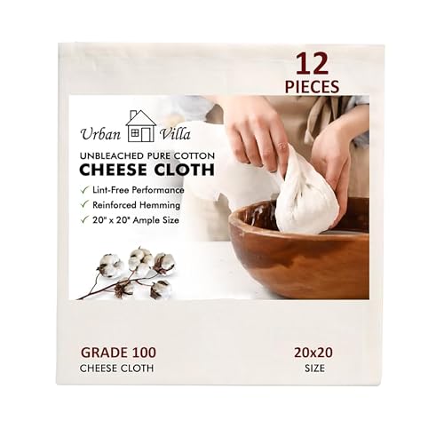 Urban Villa Cotton Grade 100 Cheese Cloths 12 Pack 20x20 Inches, Fine Mesh, 100% Unbleached Cotton, Reusable &Pre – Washed, Finished Edge, Butter Muslin Cloth for Straining & Cooking Cheese Making - color: Natural, size: 20 x 20 Inches / 12 Pieces
