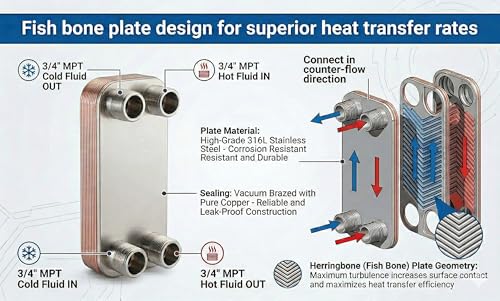 16 Plate Brazed Heat Exchanger – 3/4" MPT – 316L Stainless Steel Water to Water Heat Exchanger for Radiant Floor Heating, Outdoor Wood Furnaces, Wort Chilling, Oil Cooling - size: 3"x8"-16 plates