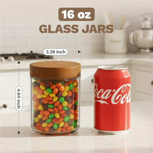 Bumobum 16 oz Overnight Oats Containers with Lids, Glass Mason Jars with Acacia Wood Airtight Lid, Wide Mouth Glass Canisters for Food Storage Chia Pudding Snacks Yogurt Spice Meal Prep, 4-Pack - color: 16oz