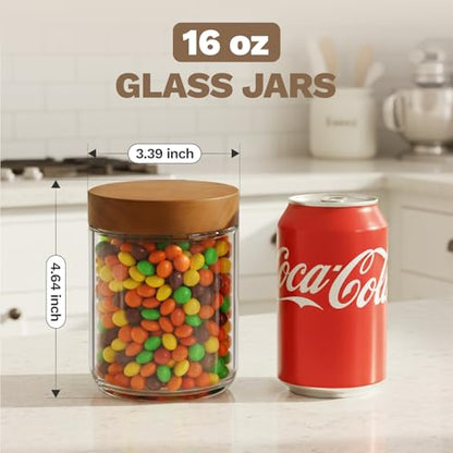 Bumobum 16 oz Overnight Oats Containers with Lids, Glass Mason Jars with Acacia Wood Airtight Lid, Wide Mouth Glass Canisters for Food Storage Chia Pudding Snacks Yogurt Spice Meal Prep, 4-Pack - color: 16oz