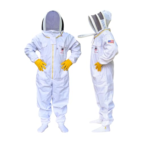 Cotton Beekeeping Suit, Full Body Beekeepers Protective Gear with Fencing Veil Hood, Elastic Cuffs & Breathable Fabric, With Two Pairs of Gloves (Small) - style: Small