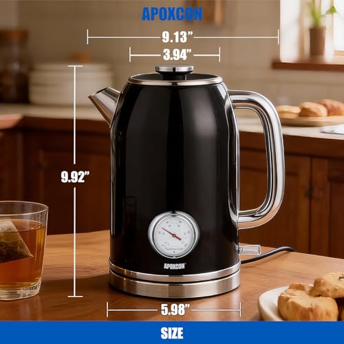 APOXCON Retro Electric Kettle with Thermometer, 1.8L Stainless Steel, Black, Cordless, 1000W Fast Boiling, Automatic Shut Off - color: Black