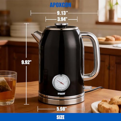APOXCON Retro Electric Kettle with Thermometer, 1.8L Stainless Steel, Black, Cordless, 1000W Fast Boiling, Automatic Shut Off - color: Black