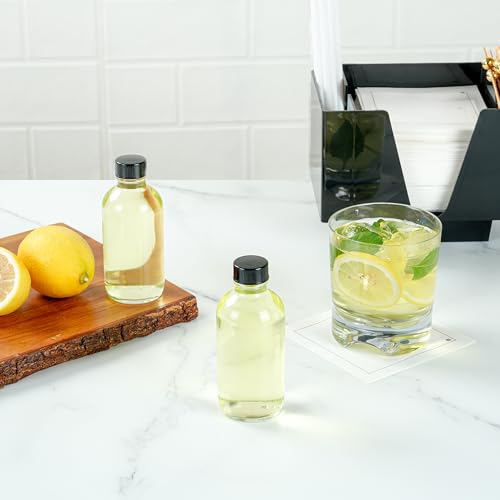 Restaurantware Vetri 4 Ounce Boston Glass Bottles, 24 Sample Bottles With Black Phenolic Caps - Dishwashable, Round, Clear Glass Bottle, For Potion, Juice, Ginger Shots, Whiskey, Liquids - color: Clear, size: 4 oz