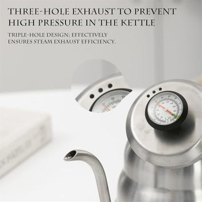 304 Stainless Steel Pouring Over Coffee Kettles with Thermometers and Wood Handle for Temperature Control Rustless Swanneck Coffeepot - color: Black