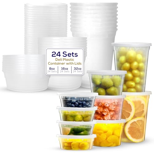 Supreme Deli Plastic Storage Containers with Lids 8oz, 16oz, 32oz [8 sets of each - 24 combo pack] Reusable Food Containers - Microwavable & Freezer friendly - Dishwasher safe - Secure fitting Covers